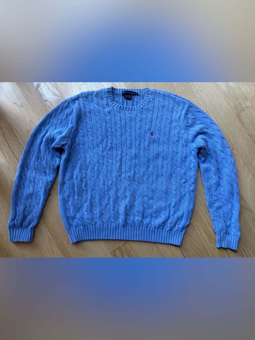 Polo Ralph Lauren Blue Cotton Cable Knit Crewneck Sweater Pink Pony Size - XL